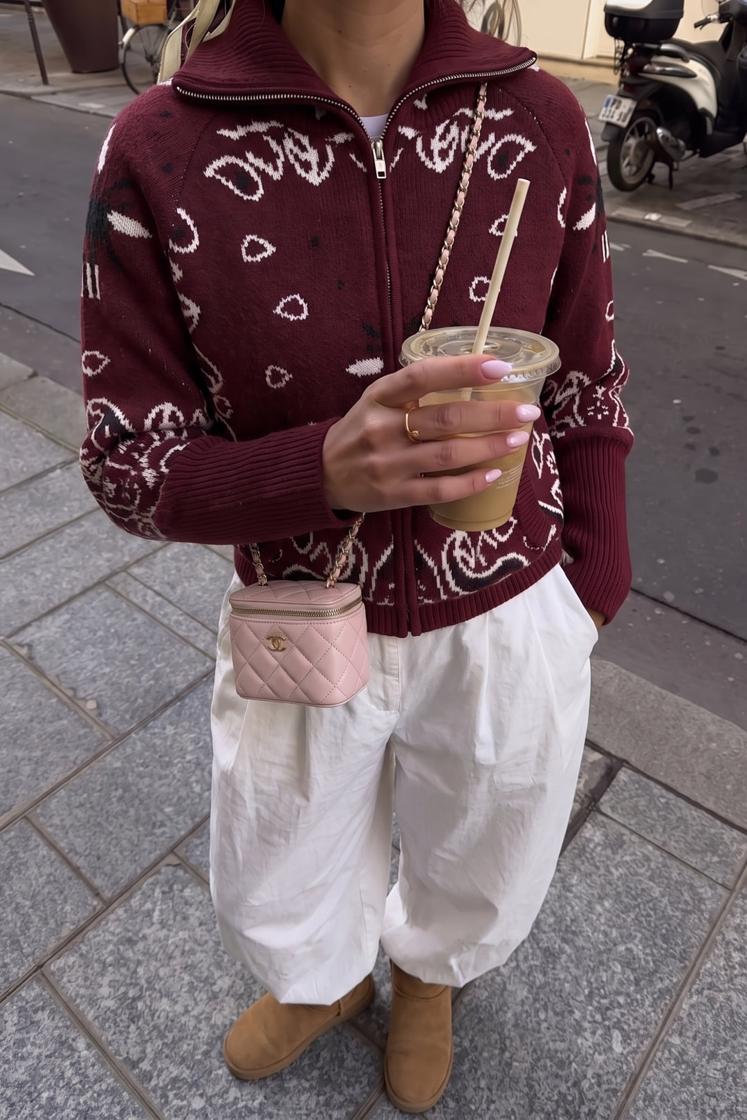Esmephine | Women's Cozy Bandana Print Knit Cardigan — Burgundy