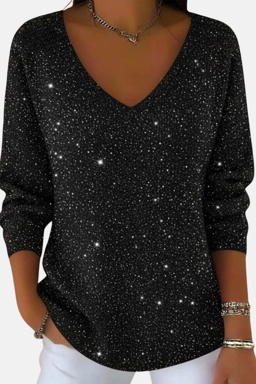 Esmeralda | Women's Casual Stretch Sparkle V Neck Long Sleeve Top — Black