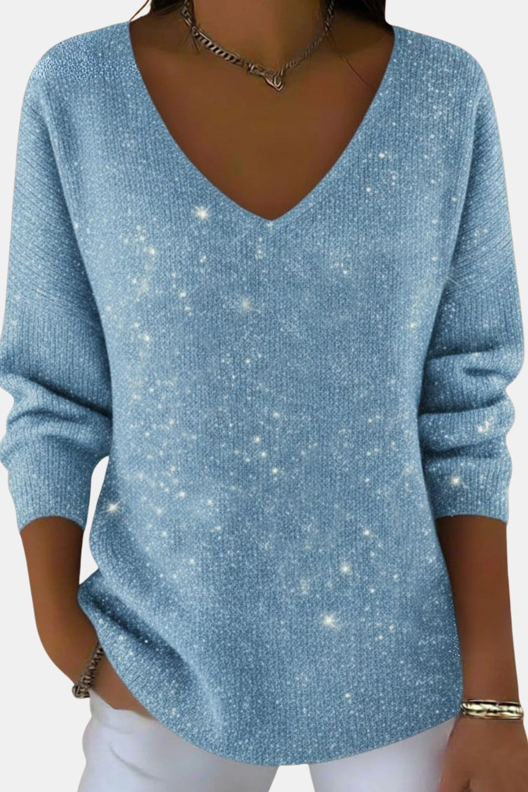 Esmeralda | Women's Casual Stretch Sparkle V Neck Long Sleeve Top — Blue