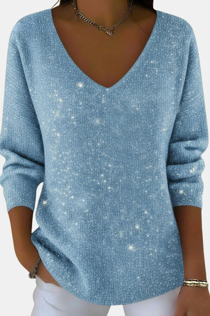 Esmeralda | Women's Casual Stretch Sparkle V Neck Long Sleeve Top — Blue
