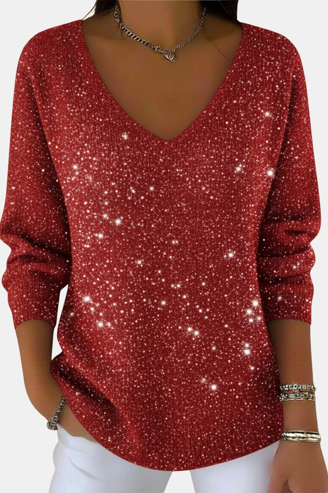 Esmeralda | Women's Casual Stretch Sparkle V Neck Long Sleeve Top — 1