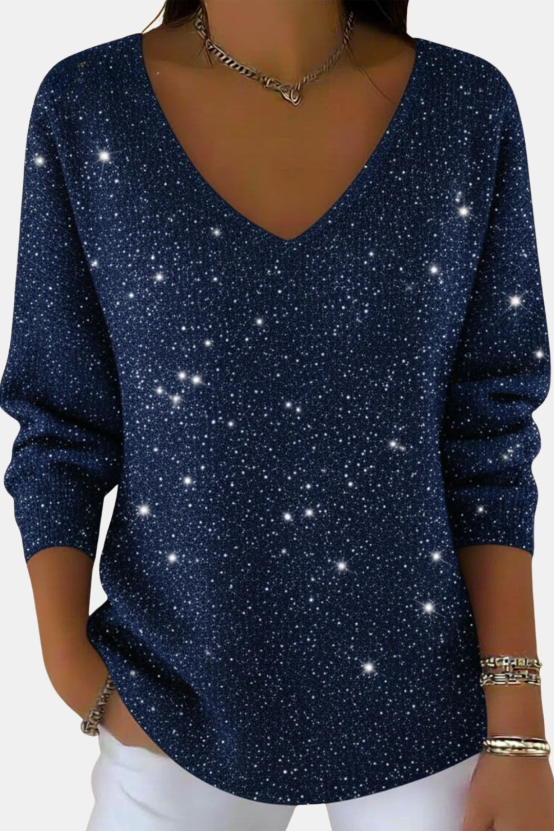 Esmeralda | Women's Casual Stretch Sparkle V Neck Long Sleeve Top — 2