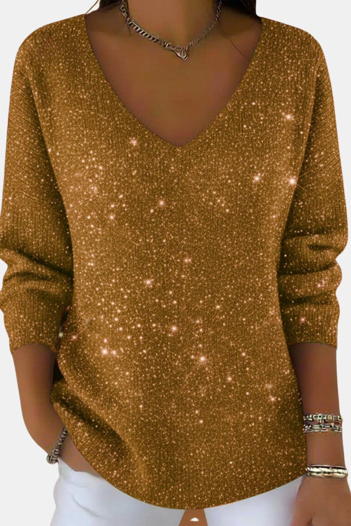 Esmeralda | Women's Casual Stretch Sparkle V Neck Long Sleeve Top — Gold
