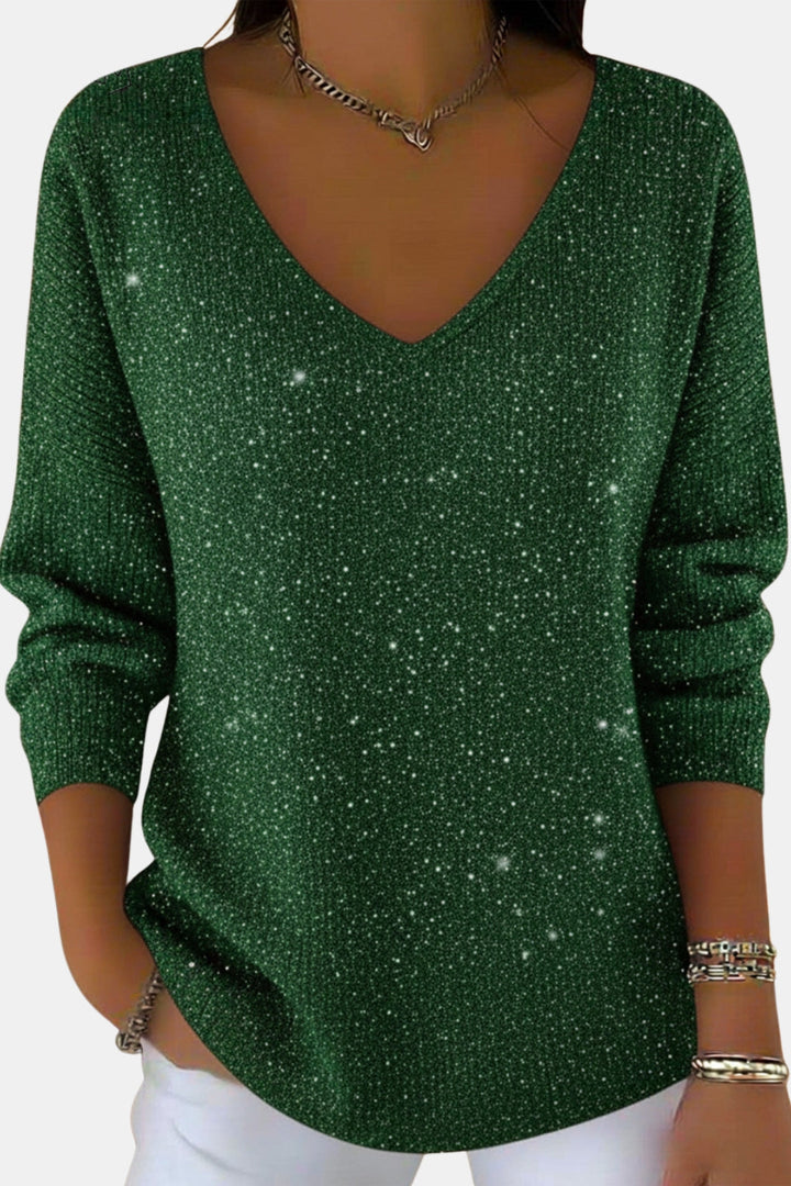 Esmeralda | Women's Casual Stretch Sparkle V Neck Long Sleeve Top — Green