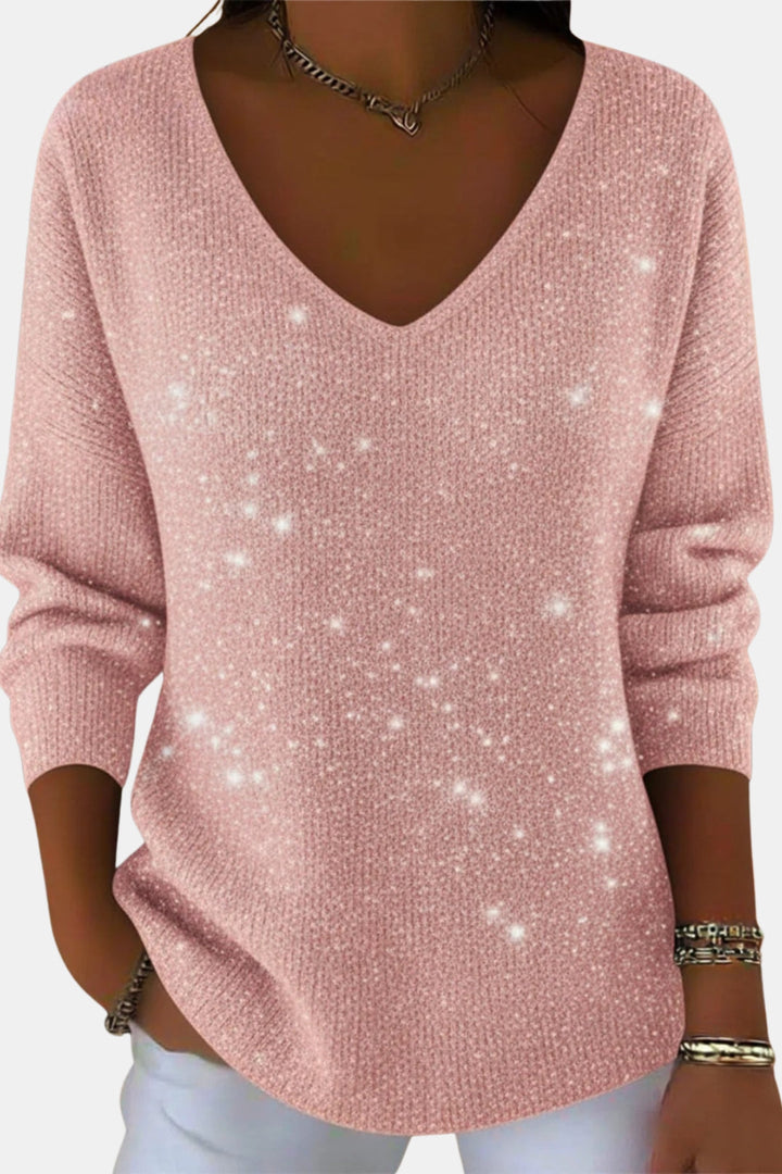 Esmeralda | Women's Casual Stretch Sparkle V Neck Long Sleeve Top — Pink