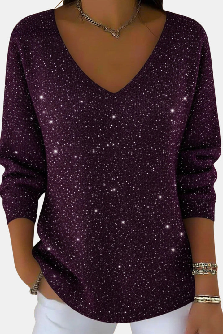Esmeralda | Women's Casual Stretch Sparkle V Neck Long Sleeve Top — Purple