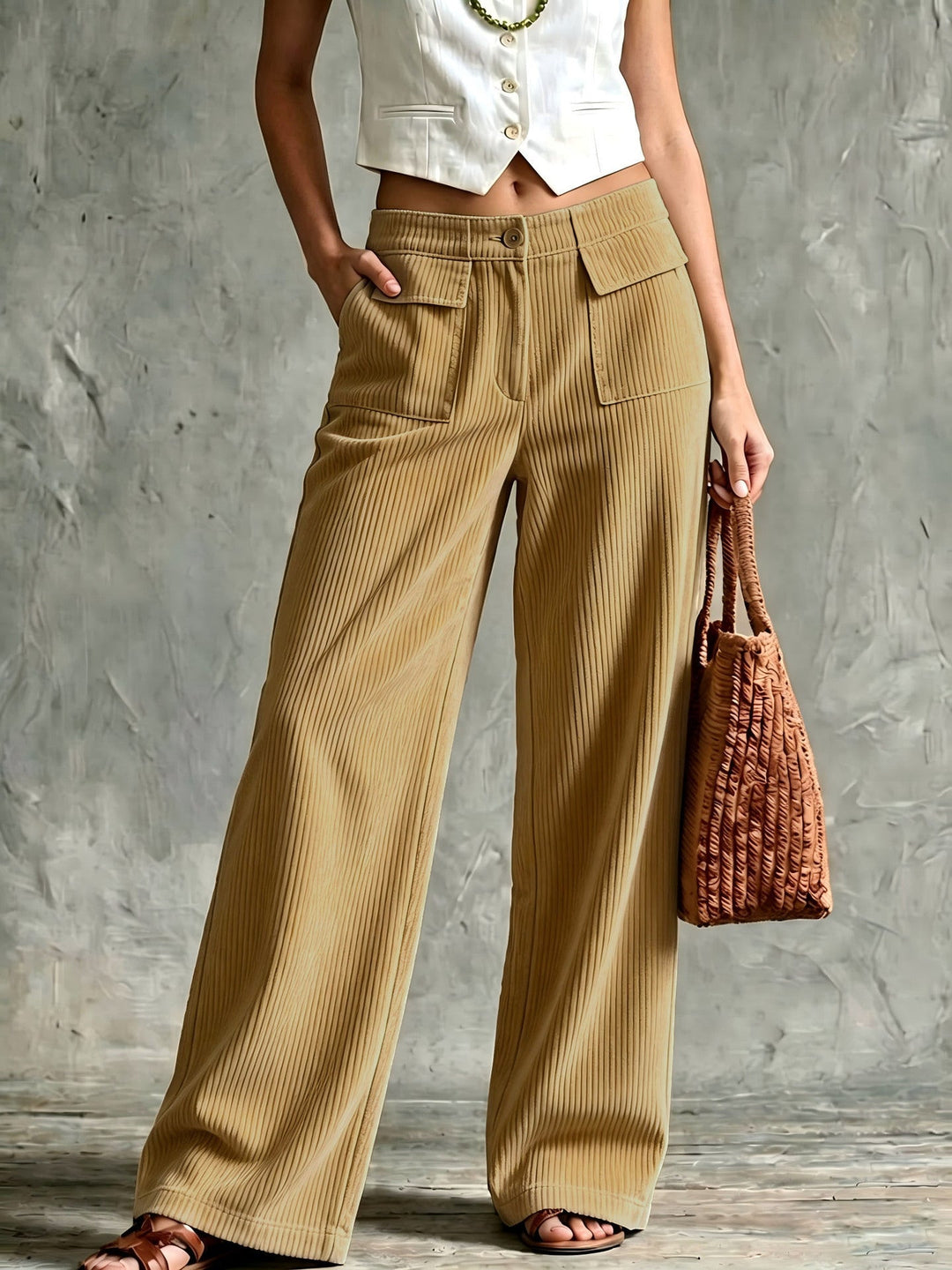 Esmewen | Women's Wide-Leg Corduroy Pants — Khaki