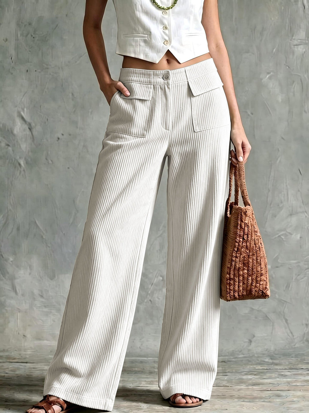 Esmewen | Women's Wide-Leg Corduroy Pants — White