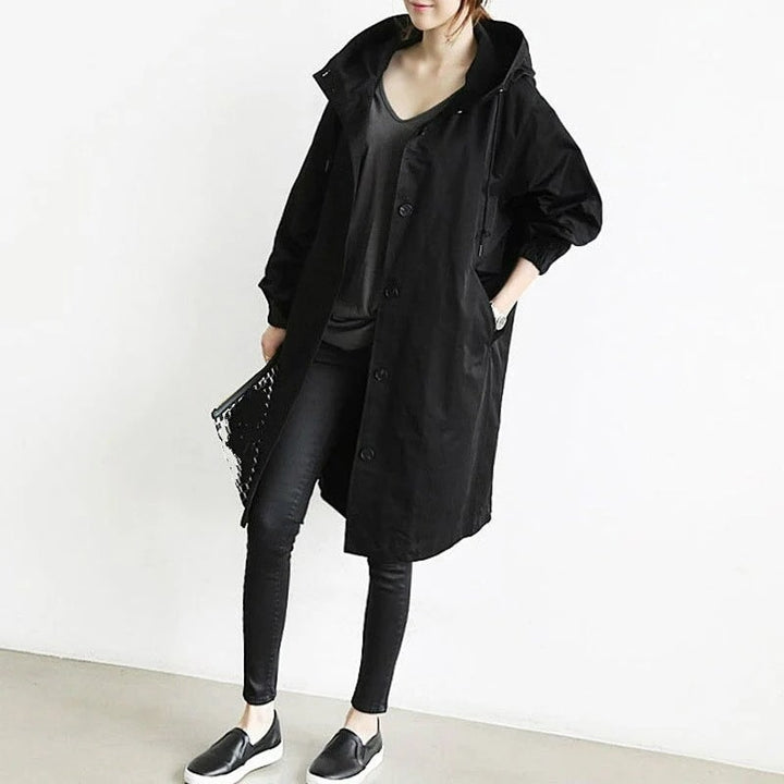 Evangeline | Women's Lightweight Casual Hooded Long Rain Jacket — Black