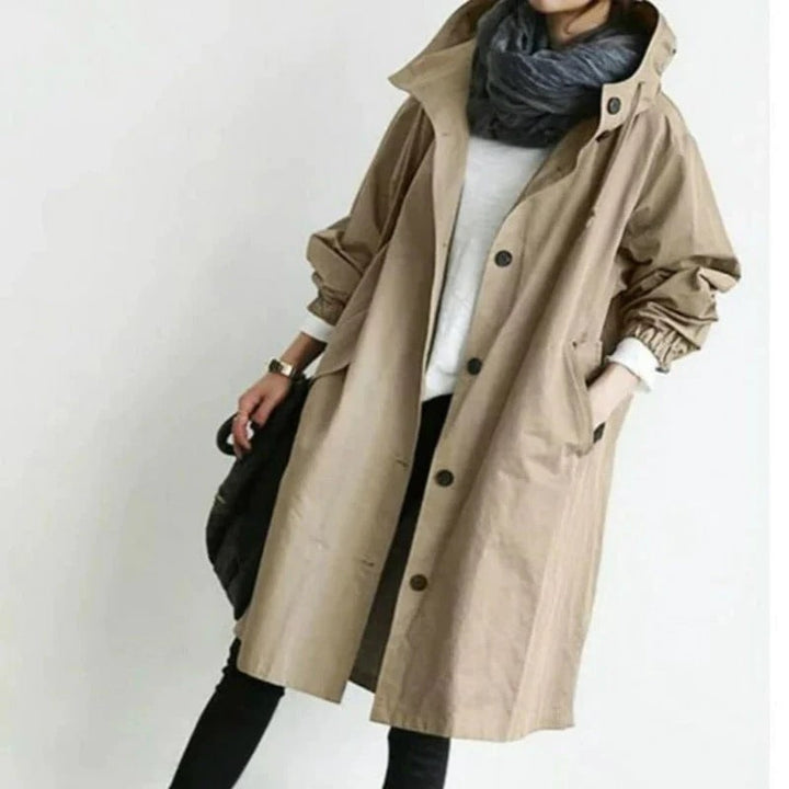 Evangeline | Women's Lightweight Casual Hooded Long Rain Jacket — Khaki