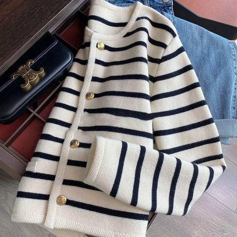Fayebelle | Women's Knit Cozy Classic Striped Button-Front Cardigan Sweaters — 1