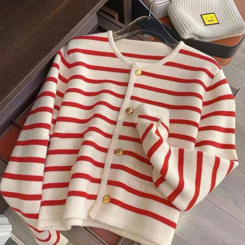 Fayebelle | Women's Knit Cozy Classic Striped Button-Front Cardigan Sweaters — Red