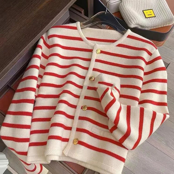 Fayebelle | Women's Knit Cozy Classic Striped Button-Front Cardigan Sweaters — Red