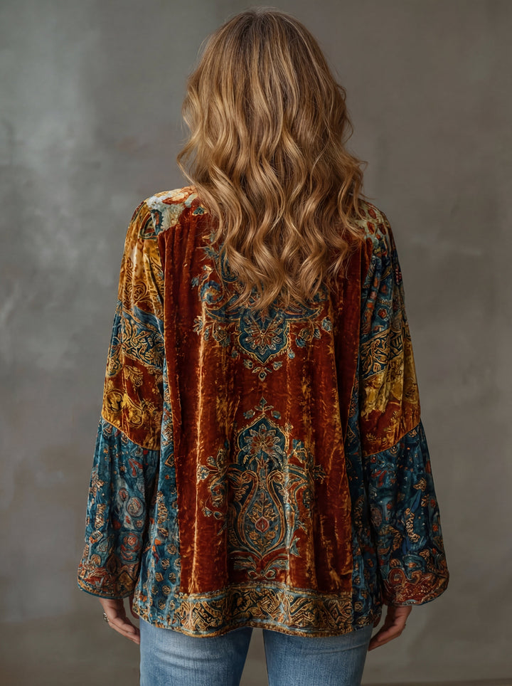 Fayephine | Women's Knit Cozy Bohemian Velvet Patchwork Kimono Cardigan — 2