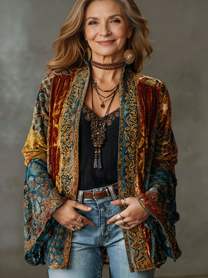 Fayephine | Women's Knit Cozy Bohemian Velvet Patchwork Kimono Cardigan — Burgundy
