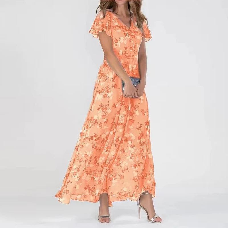 Female model in a midi dress shown against a clean plain background.