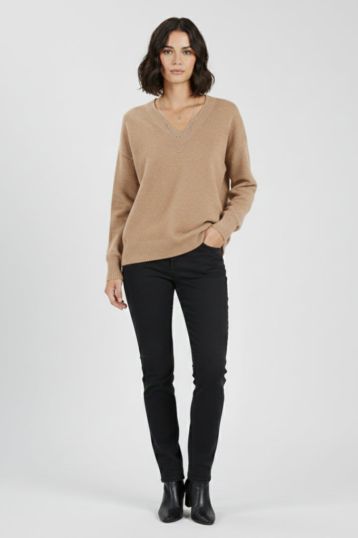 Fencine | Women's Knit Cozy V-Neck Sweater with Long Sleeves and sweater design — Beige
