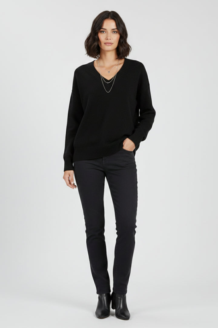 Fencine | Women's Knit Cozy V-Neck Sweater with Long Sleeves and sweater design — Black