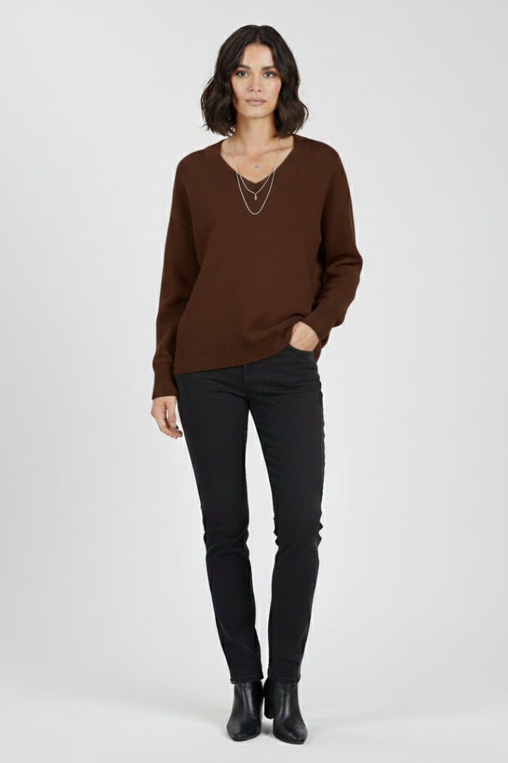 Fencine | Women's Knit Cozy V-Neck Sweater with Long Sleeves and sweater design — Brown