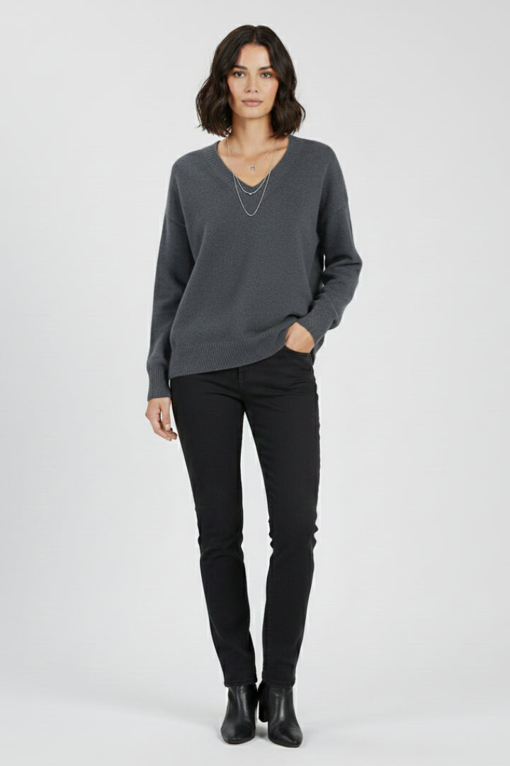 Fencine | Women's Knit Cozy V-Neck Sweater with Long Sleeves and sweater design — Dark Grey