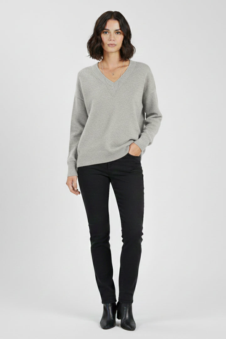 Fencine | Women's Knit Cozy V-Neck Sweater with Long Sleeves and sweater design — Grey