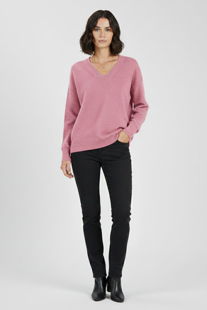 Fencine | Women's Knit Cozy V-Neck Sweater with Long Sleeves and sweater design — Pink