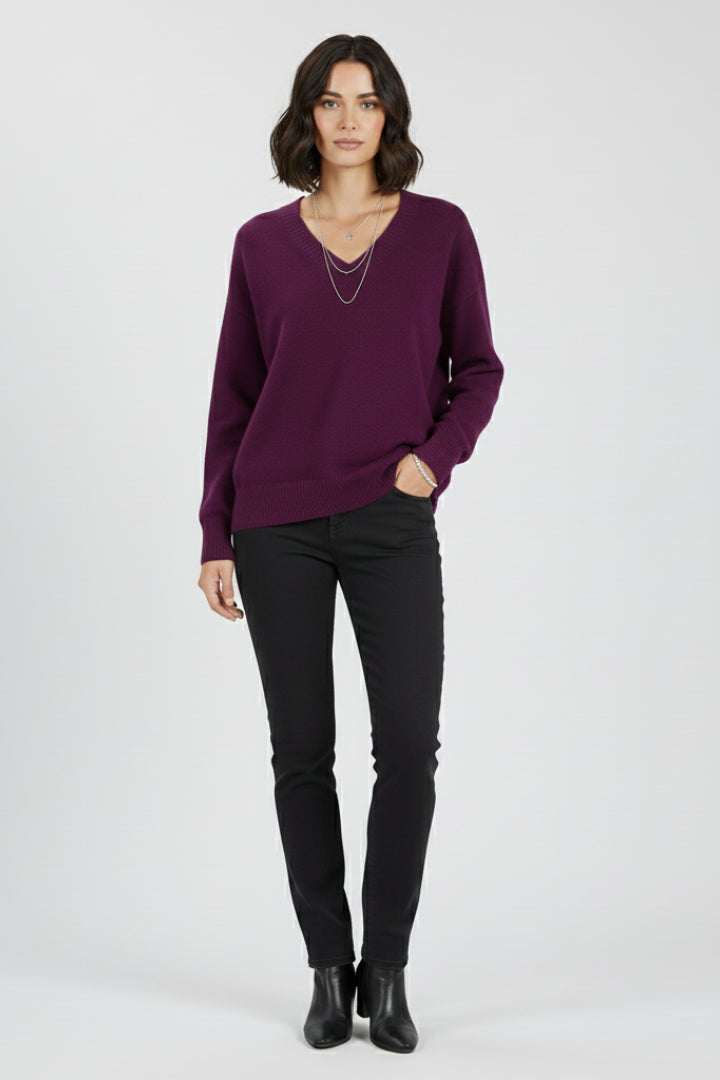 Fencine | Women's Knit Cozy V-Neck Sweater with Long Sleeves and sweater design — Purple