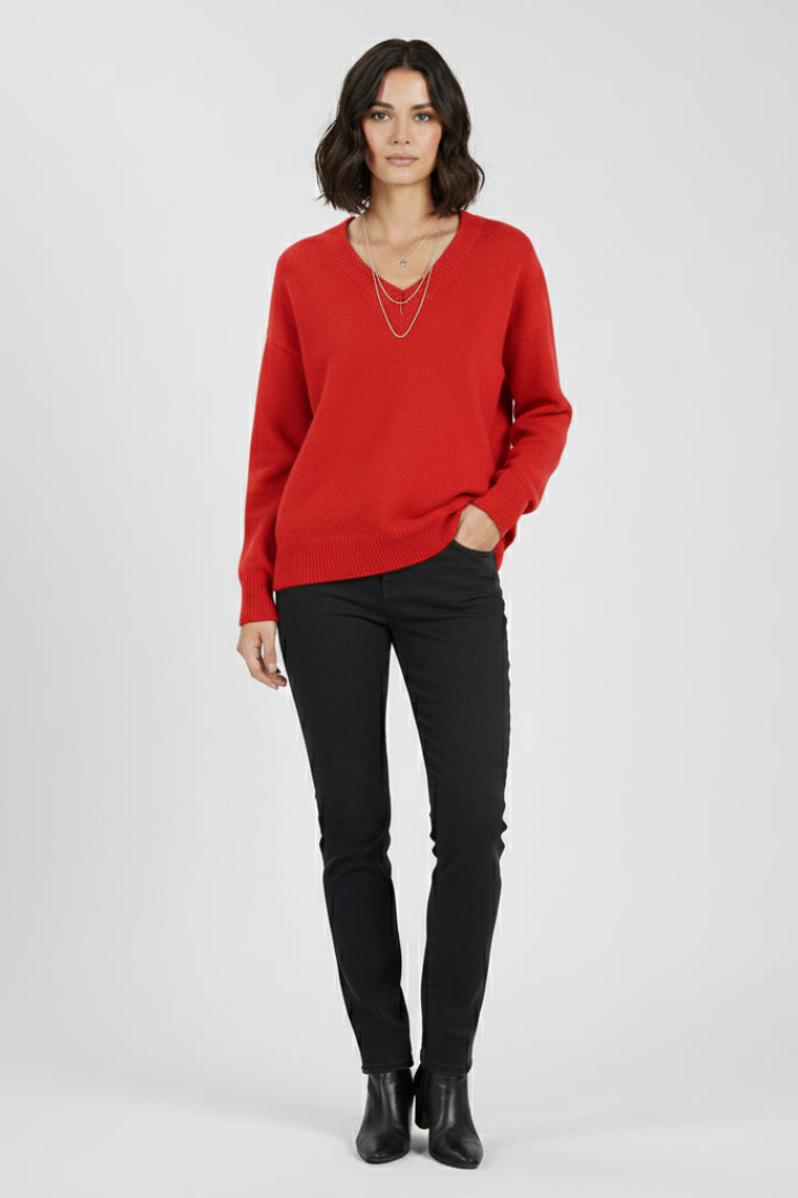 Fencine | Women's Knit Cozy V-Neck Sweater with Long Sleeves and sweater design — Red