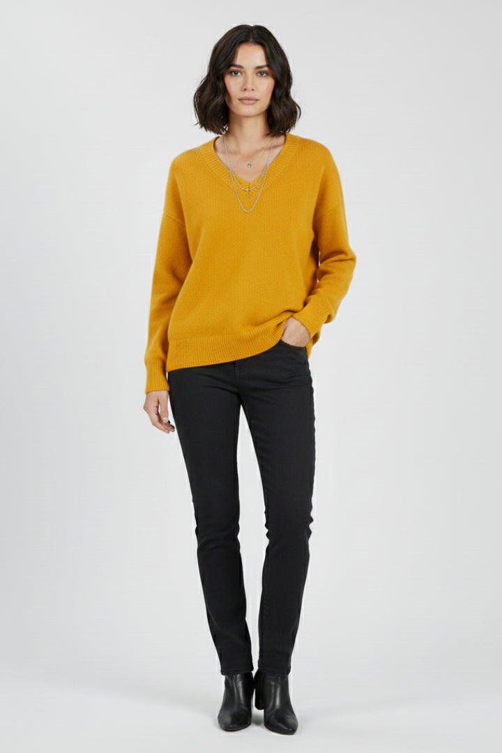 Fencine | Women's Knit Cozy V-Neck Sweater with Long Sleeves and sweater design — Yellow