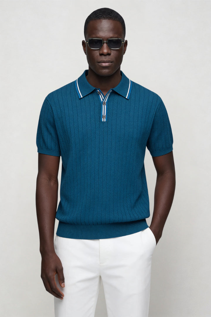 Ferdinand | Men's Cozy Caleb Knit Polo - Sapphire Blue Sweaters — 1