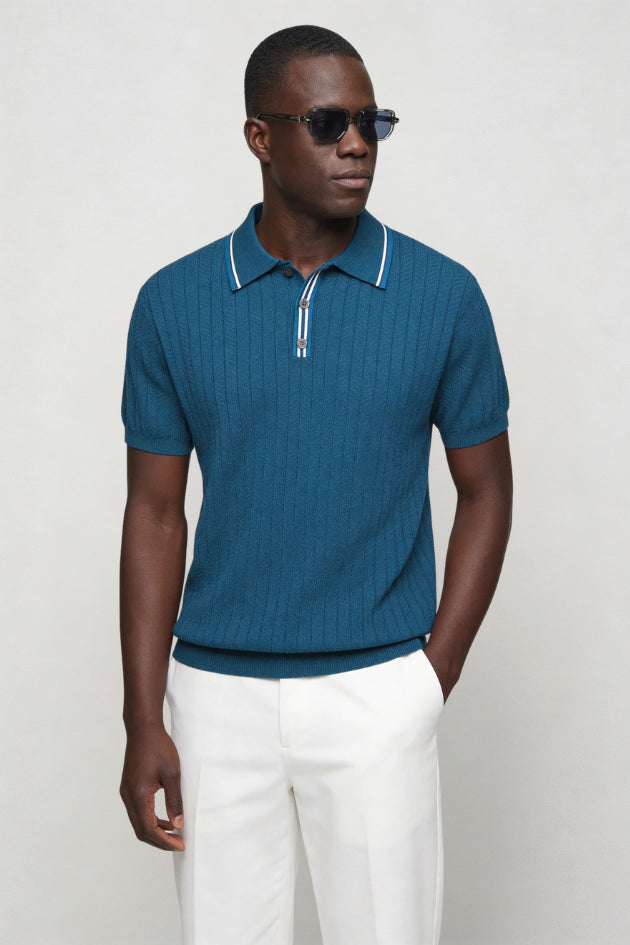 Ferdinand | Men's Cozy Caleb Knit Polo - Sapphire Blue Sweaters — 2