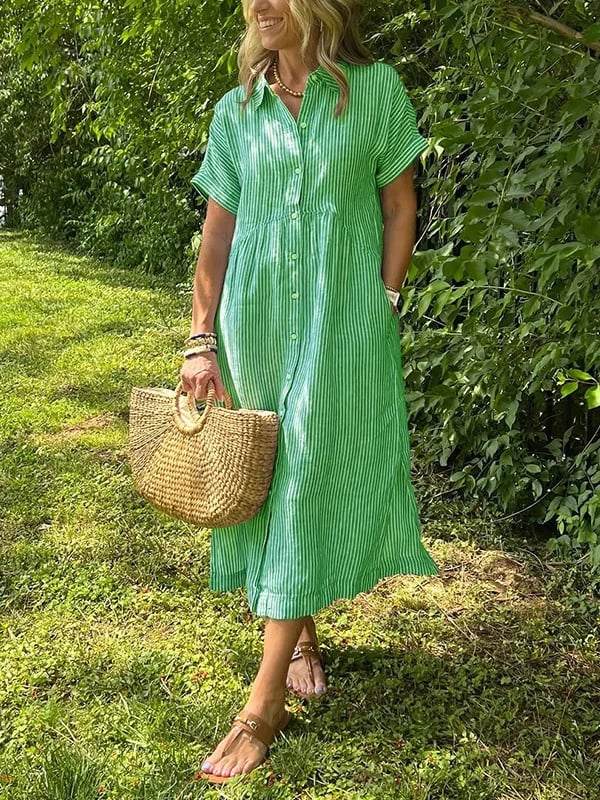 Fioienne | Women's Casual Striped Button-Up Shirt — Green