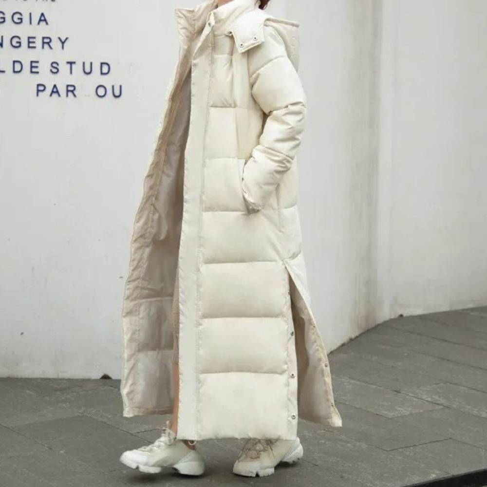 Fioreth | Women's Long Hooded puff Coat – Quilted Cold Weather Jacket — Beige