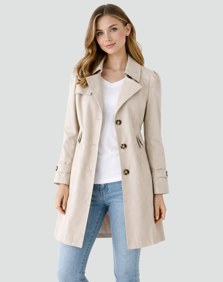 Fiowen | Women's Fitted Mid-Length Trench Coat with Lapel Collar — Beige