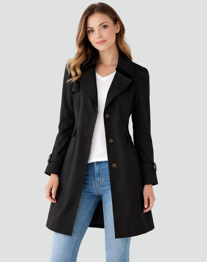 Fiowen | Women's Fitted Mid-Length Trench Coat with Lapel Collar — Black