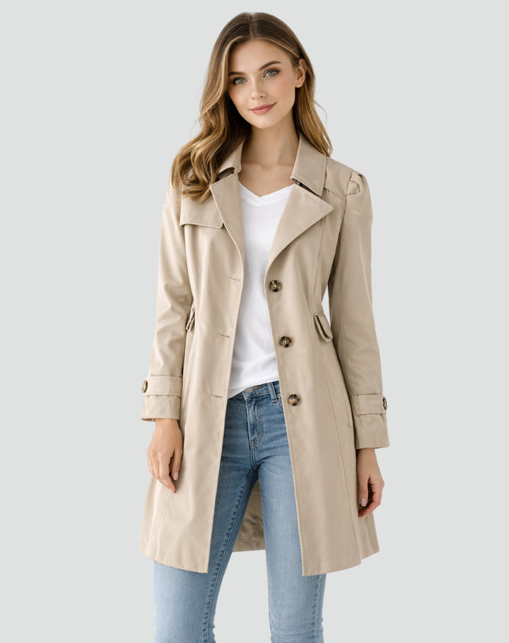 Fiowen | Women's Fitted Mid-Length Trench Coat with Lapel Collar — Khaki