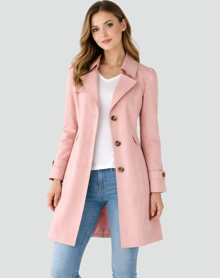 Fiowen | Women's Fitted Mid-Length Trench Coat with Lapel Collar — Pink