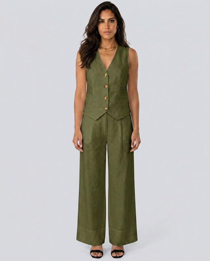 Florentina | Women's Matching Two-Piece Set with Waistcoat and Wide Trousers — Army Green
