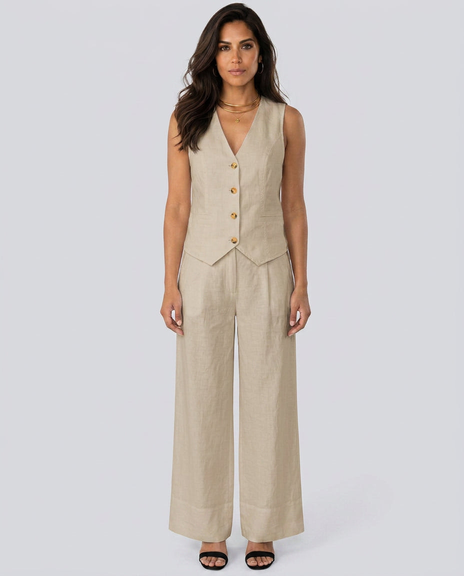 Florentina | Women's Matching Two-Piece Set with Waistcoat and Wide Trousers — Beige