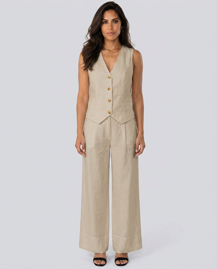 Florentina | Women's Matching Two-Piece Set with Waistcoat and Wide Trousers — Beige