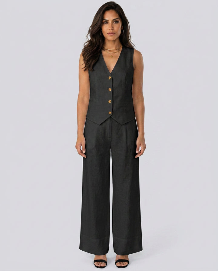Florentina | Women's Matching Two-Piece Set with Waistcoat and Wide Trousers — Black
