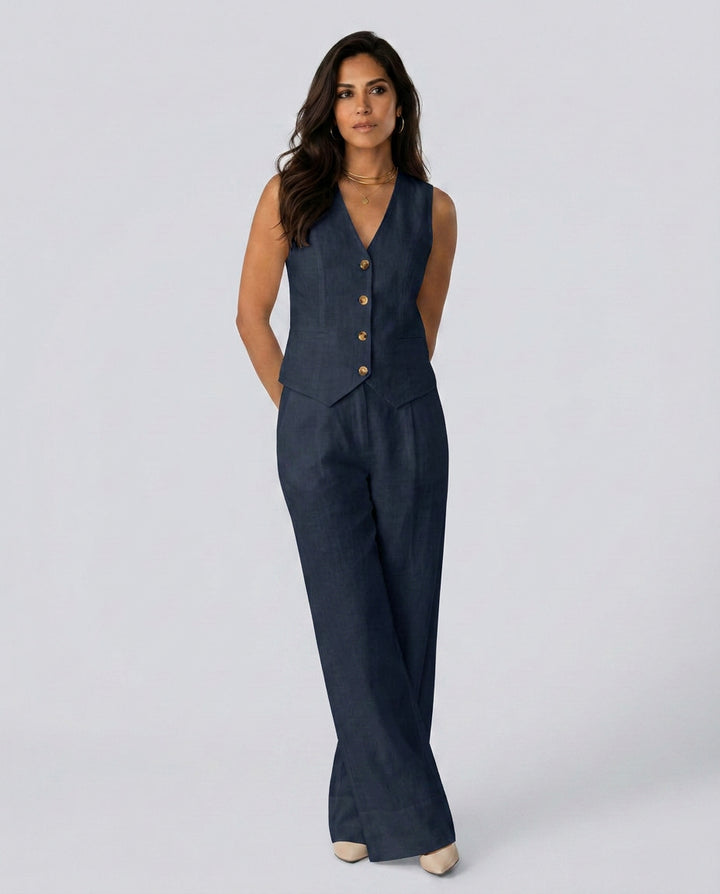 Florentina | Women's Matching Two-Piece Set with Waistcoat and Wide Trousers — 2