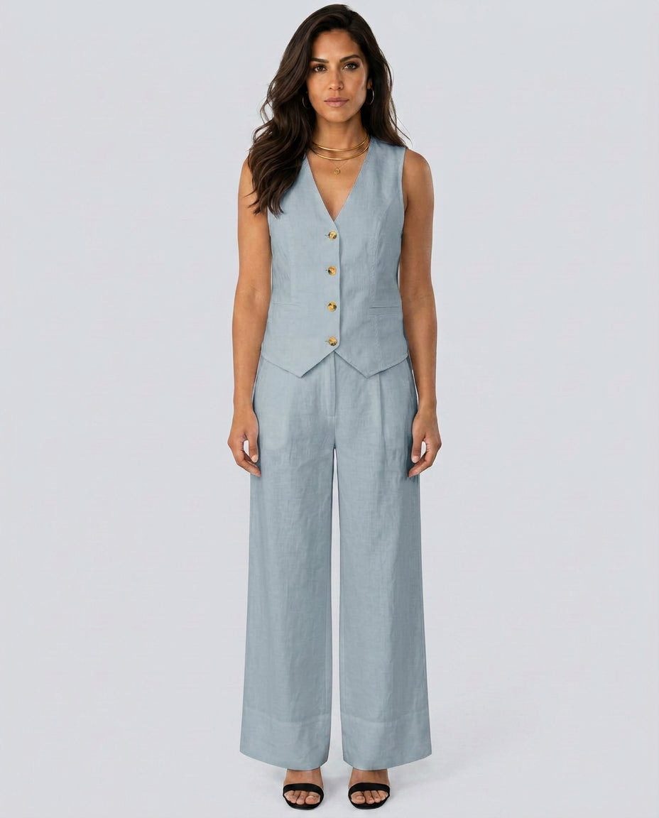 Florentina | Women's Matching Two-Piece Set with Waistcoat and Wide Trousers — Light Blue
