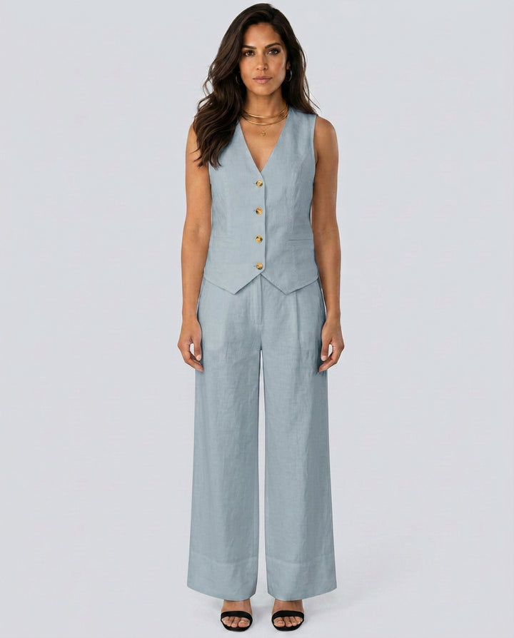 Florentina | Women's Matching Two-Piece Set with Waistcoat and Wide Trousers — Light Blue