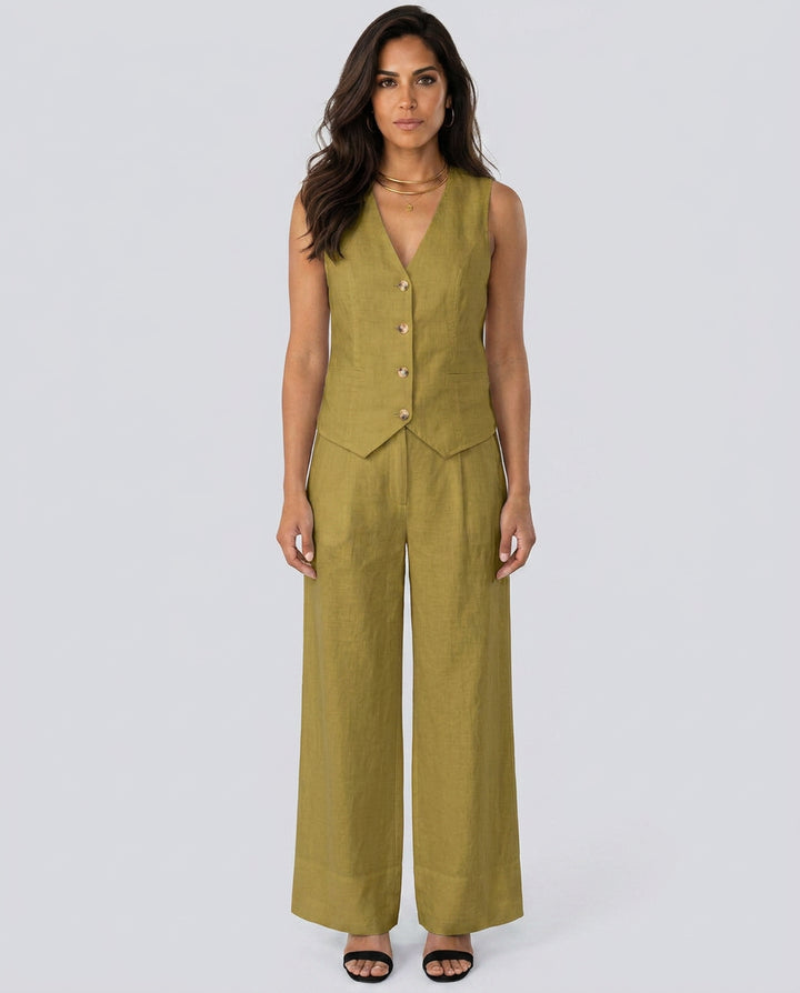 Florentina | Women's Matching Two-Piece Set with Waistcoat and Wide Trousers — Olive Green
