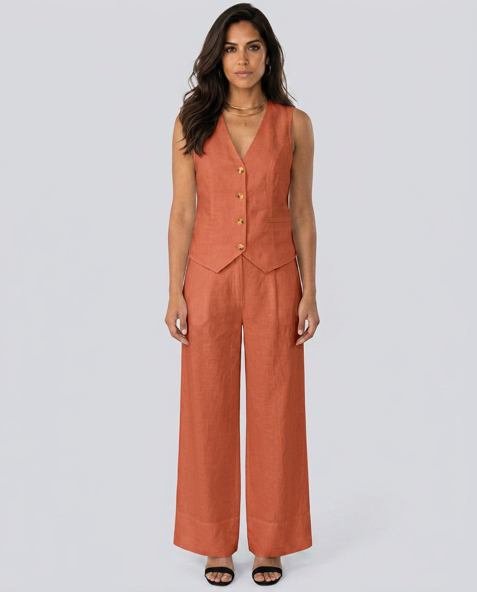 Florentina | Women's Matching Two-Piece Set with Waistcoat and Wide Trousers — Red