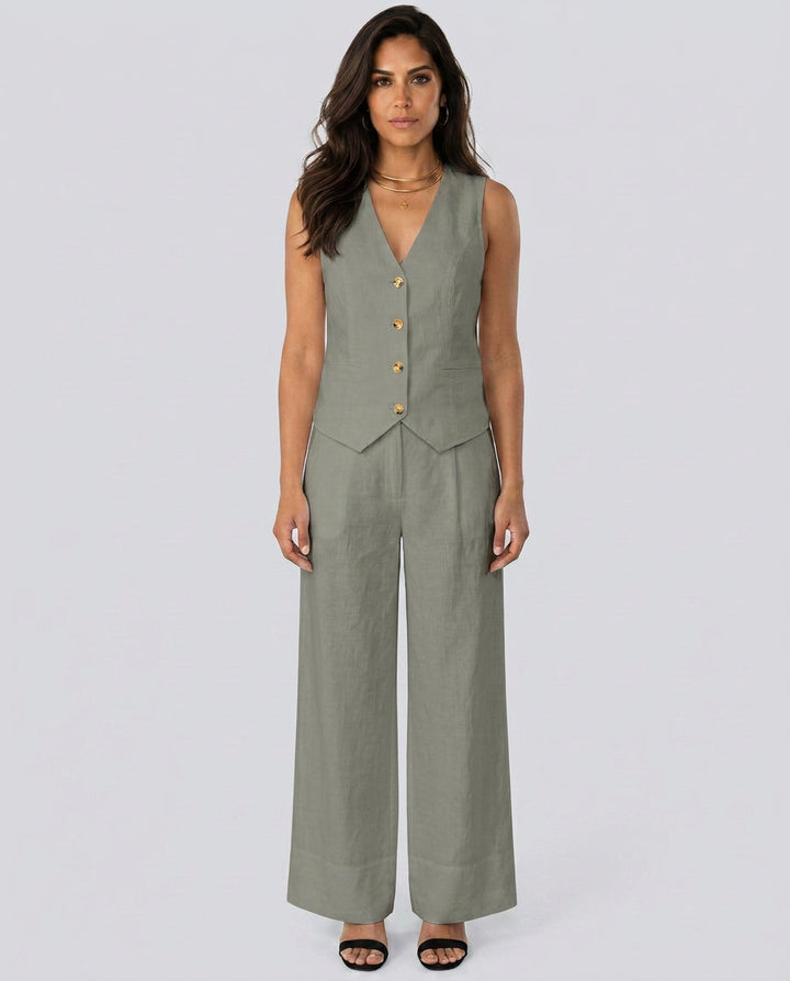 Florentina | Women's Matching Two-Piece Set with Waistcoat and Wide Trousers — Sage Green