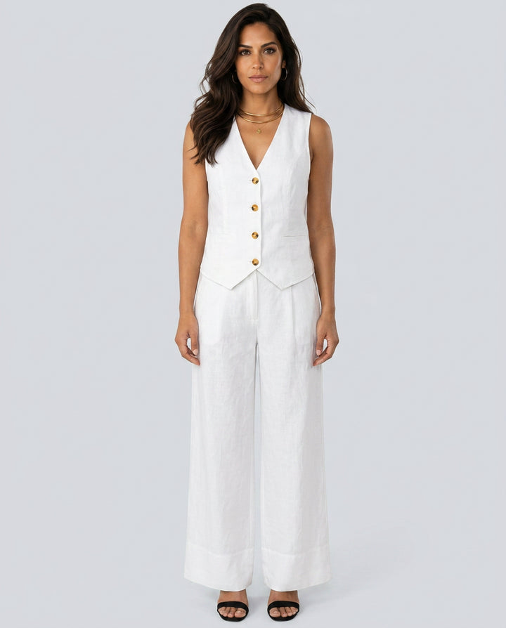 Florentina | Women's Matching Two-Piece Set with Waistcoat and Wide Trousers — White