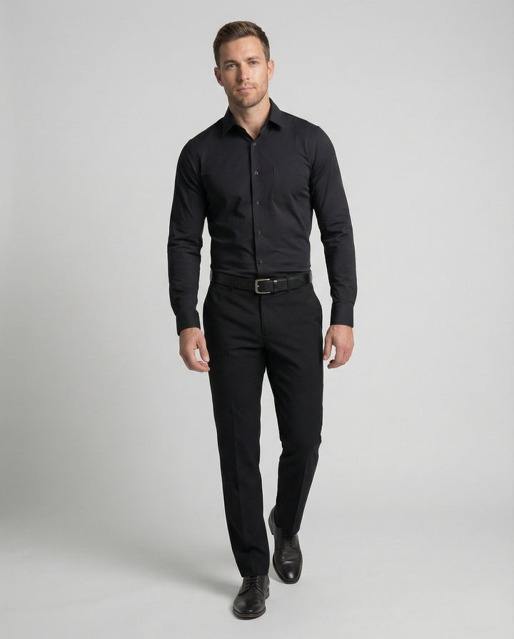 Man in a long sleeve business shirt with a modern tailored fit.
