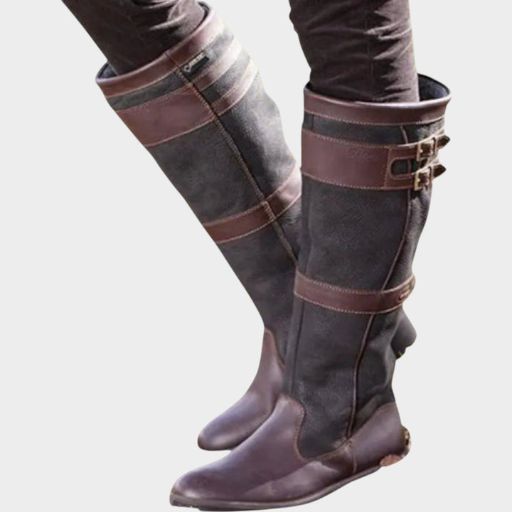 Galiavanne | Women's Leather Knee High Boots with Buckle Detail — Dark Brown